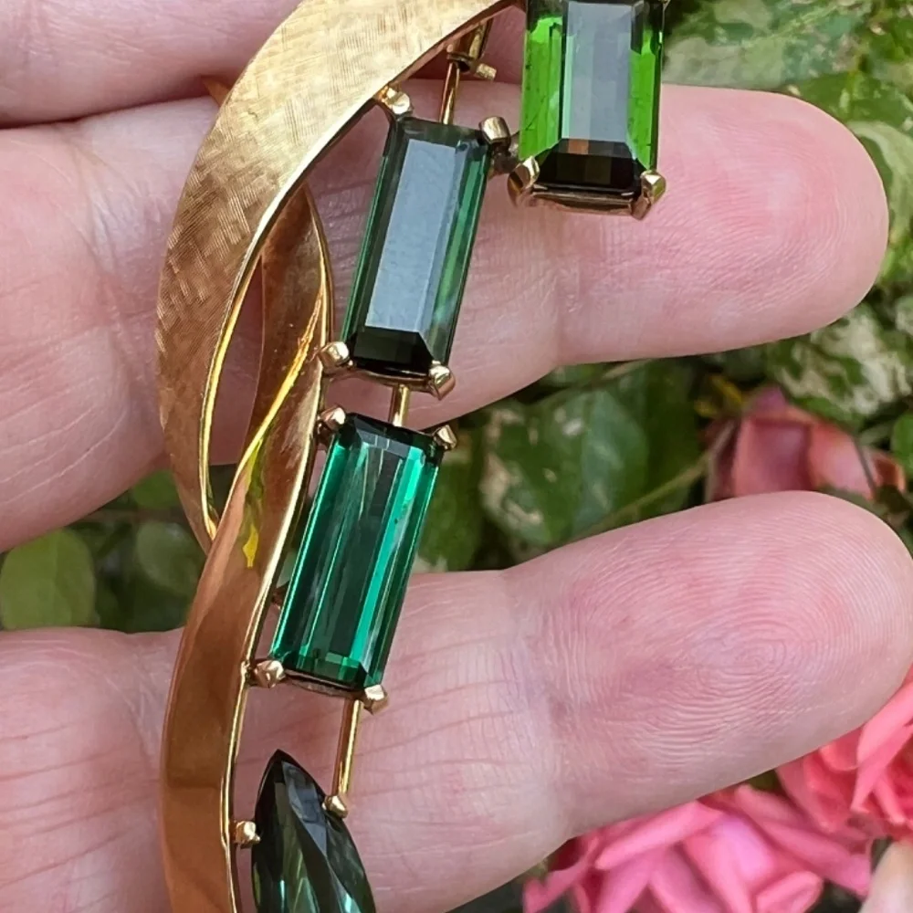 VINTAGE 18K GOLD CUSTOM LARGE GREEN TOURMALINE PIN BROOCH STATEMENT FLORENTINE